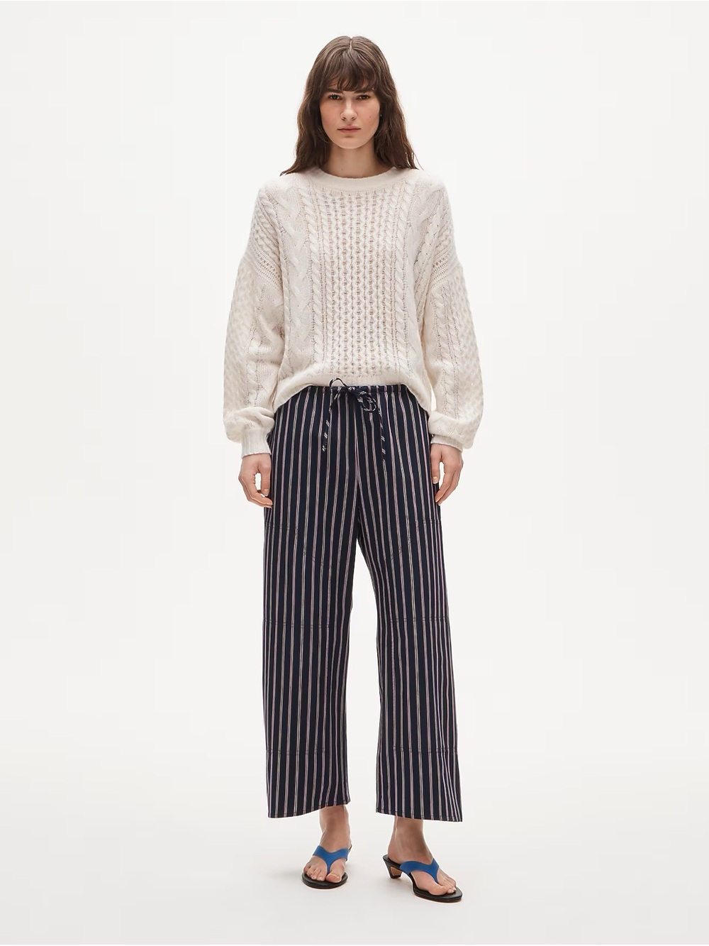 J. Crew Navy and White Striped Wide-Leg Drawstring Pants